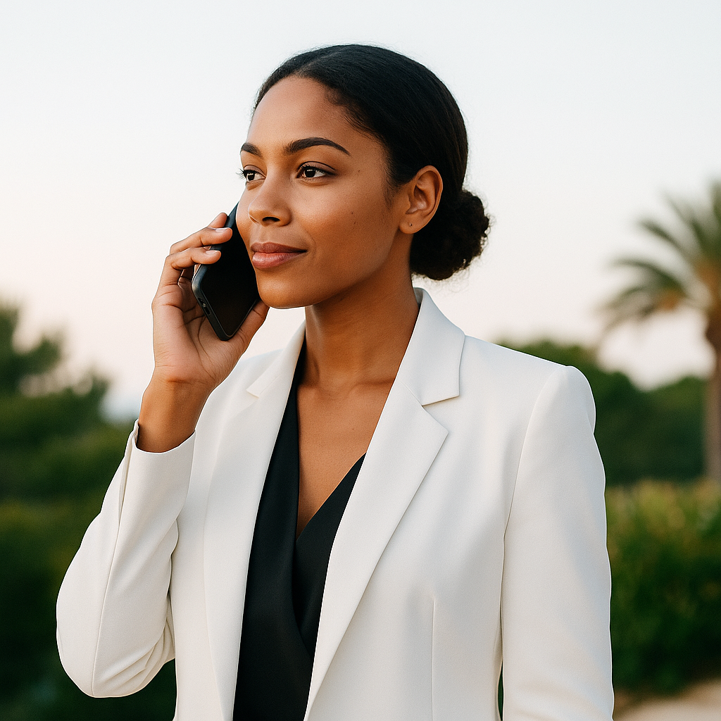 Assistante de conciergerie à Ibiza au téléphone